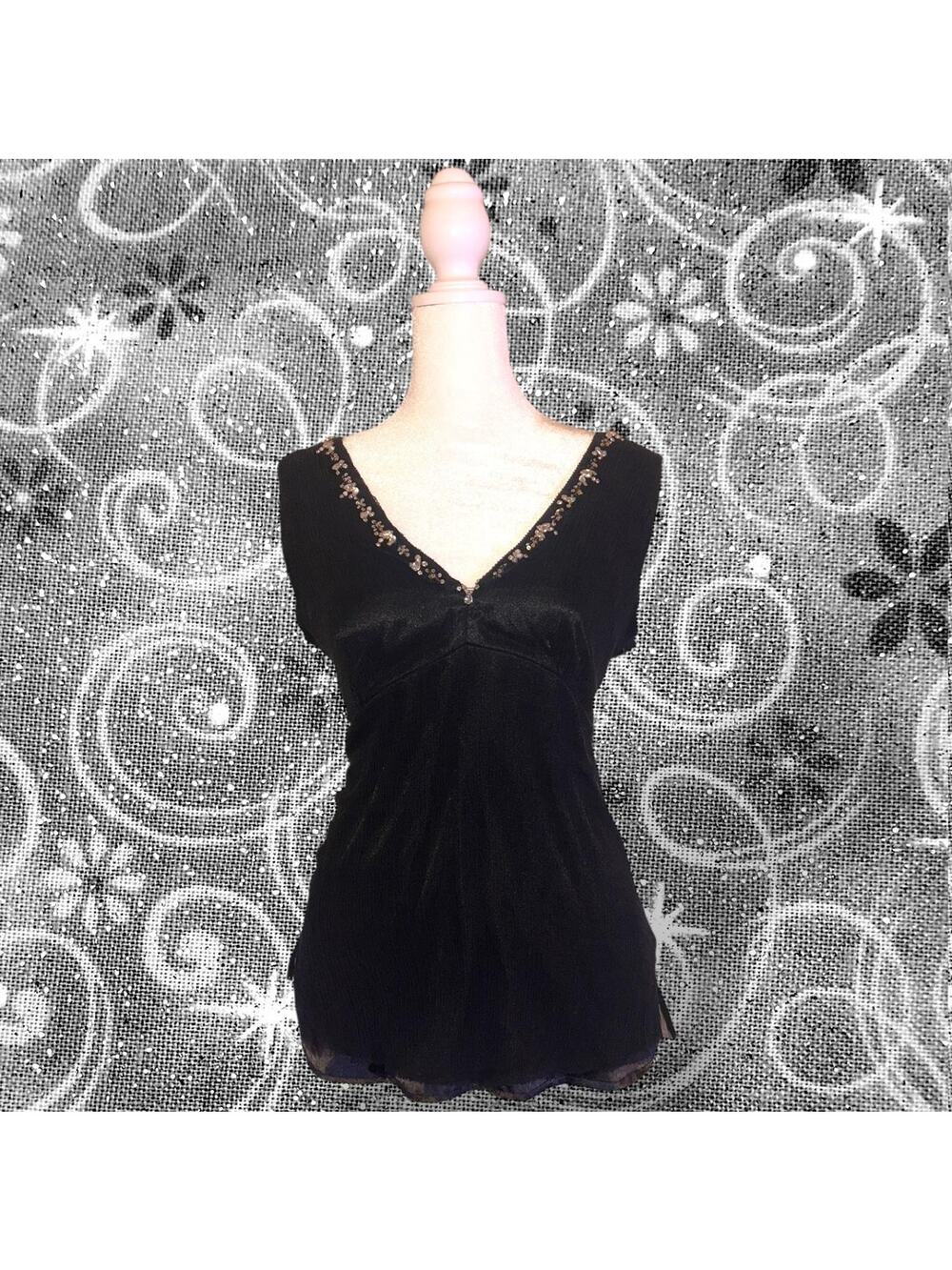 v neckline sequin floral trim ethereal sleeveless sleek top